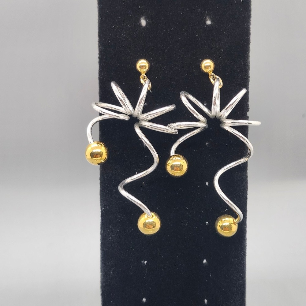 Abstract Dangle Drop Earrings 2.5" Long Silver Tone Gold Tone Bead Modern Art